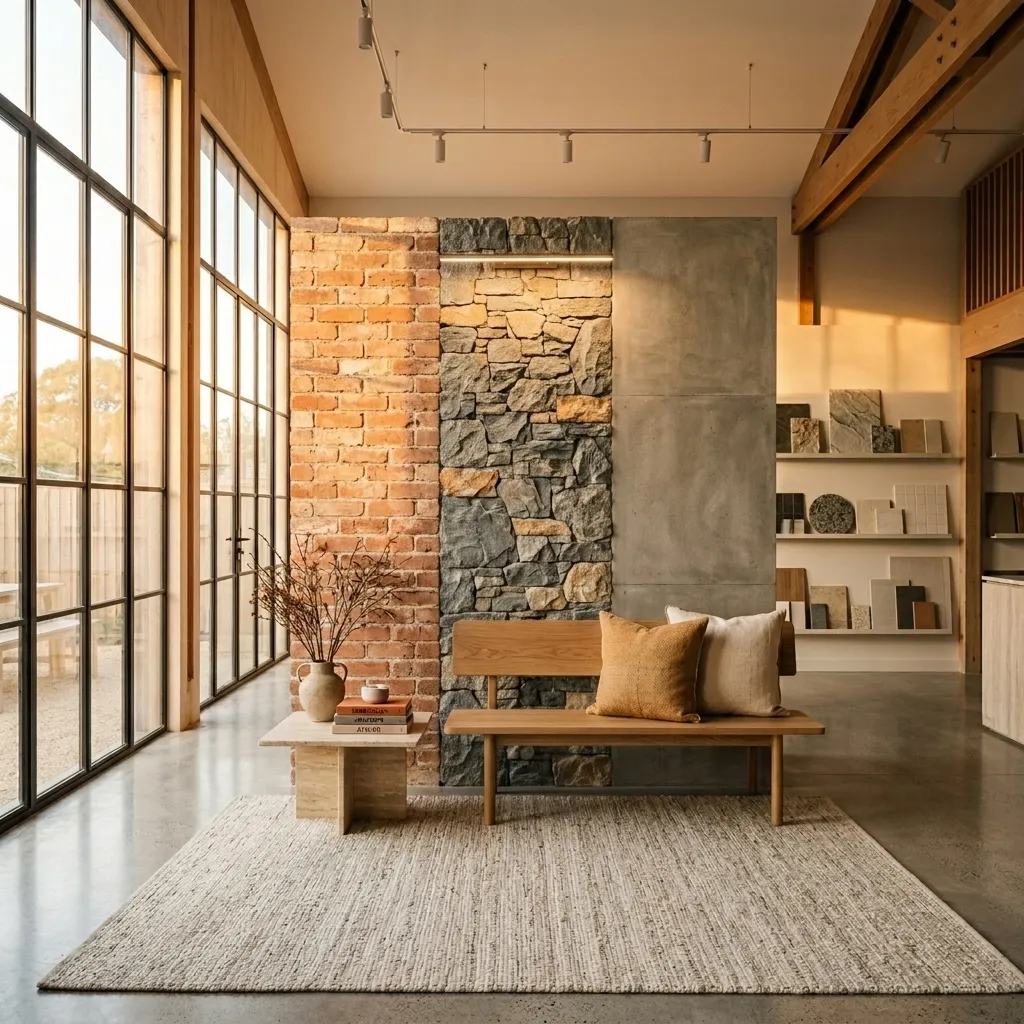 CEROLITH architectural surface collective showroom featuring exposed brick and concrete surfaces in warm golden light