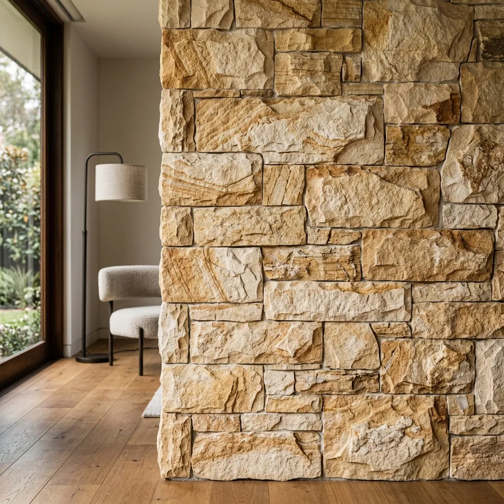 Natural sandstone wall cladding in a contemporary living space with warm ambient lighting